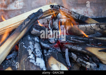 Holzofen, offener Flamme auf einem Ziegelstein gebaut Bbq. Drechslerei, Holzkohle. Orange Flammen wie Holz in ein Feuer brennt Stockfoto