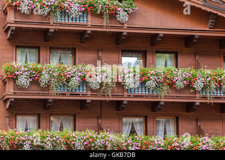 Traditionelle österreichische Häuser mit Blumen in den Fenstern in Tux, Zillertal Stockfoto