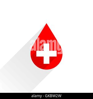 Spenden Sie Tropfen Blut rot Schild mit Kreuz mit grau auf weißem Hintergrund in einfachen flachen Stil lange Schatten. Grafik-Design-Elemente Stock Vektor