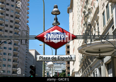 Plaze De Espana unterirdische U-Bahn-Station Zeichen, Madrid, Spanien Stockfoto