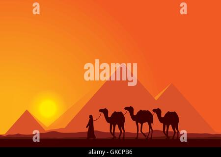 Ägypten-Pyramiden mit Kamel-Karawane auf Sonnenuntergang Hintergrund Stock Vektor