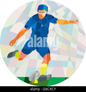 Rugby-Spieler treten Ball Kreis niedrige Polygon Stock Vektor