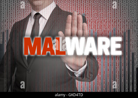 Malware mit Matrix zeigt Geschäftsmann. Stockfoto