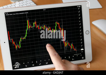 Coquitlam, BC, Kanada - 30. Juli 2016: Mann mit dem Ipad um Wechselkurs zu Hause Stockfoto