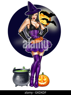 Llustration von Pin up verkleidet als Halloween Hexe Stockfoto