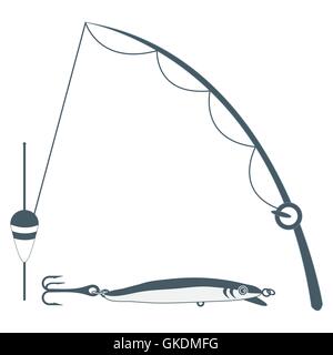 Stilisierte Symbolsatz von verschiedenen Tools für die Fischerei auf weißem Hintergrund Stock Vektor