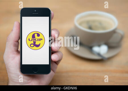 Ein Mann schaut auf seinem iPhone die UKIP-Logo anzeigt, während bei einer Tasse Kaffee (nur zur redaktionellen Verwendung) saß. Stockfoto