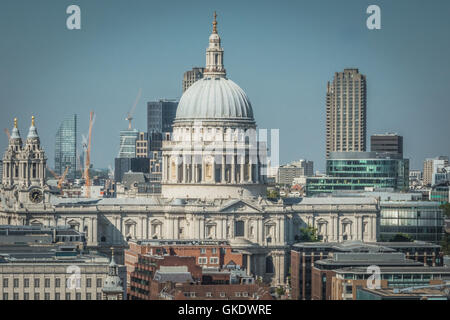 St Paul's Cathedral und die Skyline von London an einem heißen Sommertag. Stockfoto