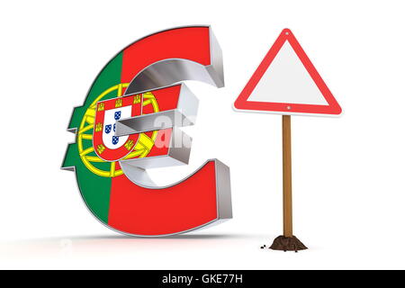 Euro mit dreieckigen Warnschild - portugiesische Flagge Textur Stockfoto