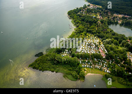 Luftaufnahme Campingplatz Zuruf Plau, Plötzenhöhe und Seelust, Plau, Mecklenburgische Seenplatte, gelegentlich der Schweiz, Stockfoto