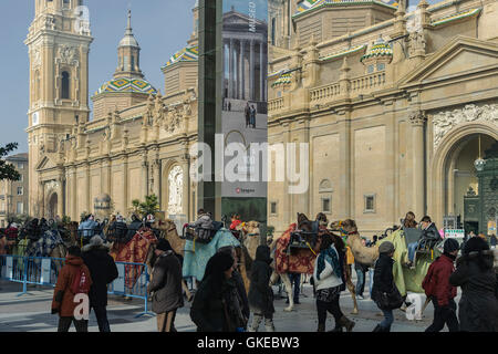 Kamele Kinder zu Fuß auf dem Platz der Basilika-Kathedrale unserer lieben Frau von der Säule in Saragossa Stockfoto