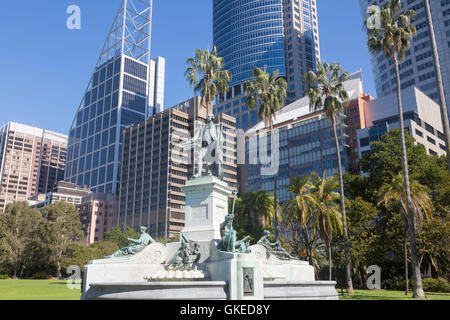 Sydney Royal Botanic Gardens und Statue des ersten Gouverneur Arthur Phillip, Stadtzentrum von Sydney, Australien Stockfoto