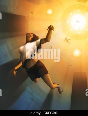 Entführung durch Außerirdische. Computer-Kunstwerk von einem Menschen, entführt von Außerirdischen in einer fliegenden Untertasse. Neben der erhöhten Anzahl von Sichtungen unbekanntes Flugobjekt (UFO) die Anzahl der Menschen, die behaupten, von Außerirdischen entführt wurden ebenfalls gestiegen. Stockfoto