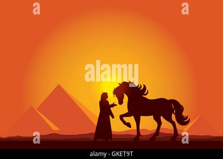 Ägypten-Pyramiden mit Silhouette der Beduinen und Pferd auf Sonne Stock Vektor