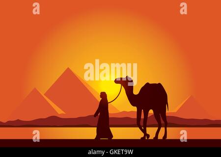 Ägypten-Pyramiden mit Kamel-Karawane auf Sonnenuntergang Hintergrund Stock Vektor