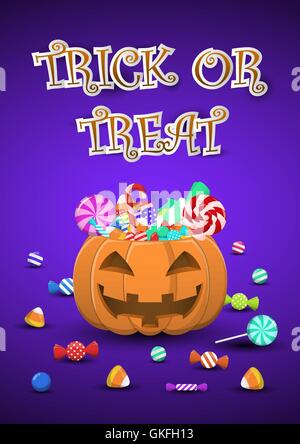 Halloween Süßigkeiten und Bonbons in Kürbis Eimer mit Süßes oder Saures Wort, Halloween-Hintergrund-Postkarte Stock Vektor