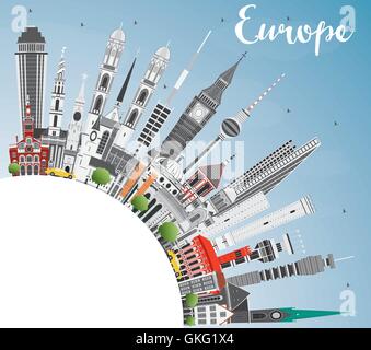 Europa Skyline Silhouette mit verschiedenen Sehenswürdigkeiten und Textfreiraum. Vektor-Illustration. Business-Reisen und Tourismus-Konzept Stock Vektor