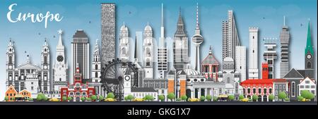 Europa Skyline Silhouette mit verschiedenen Sehenswürdigkeiten. Vektor-Illustration. Business-Reisen und Tourismus-Konzept mit Platz für text Stock Vektor