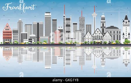 Frankfurter Skyline mit grauen Gebäuden, blauer Himmel und Reflexionen. Vektor-Illustration. Geschäftsreisen und Tourismus-Konzept Stock Vektor