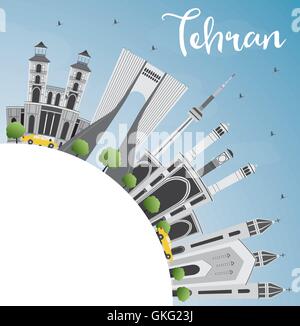 Teheran Skyline mit grauen Wahrzeichen, blauer Himmel und Textfreiraum. Vektor-Illustration. Geschäftsreisen und Tourismus-Konzept Stock Vektor