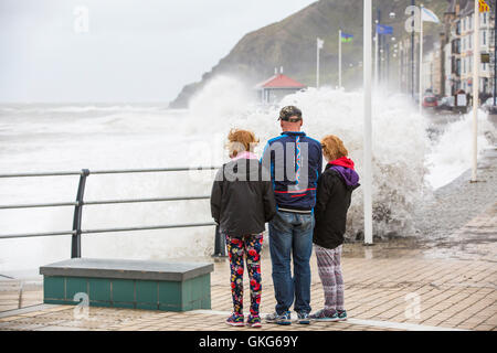 Aberystwyth, Wales, UK. 20. August 2016. UK-Wetter.  Ungewöhnlich starke Winde von bis zu 48 km/h zu kombinieren mit einer hohen Springflut, riesige Wellen, die Zurrgurte Aberystwyth Promenade zu generieren. Fotografen und Wanderer sind ertappt. Bildnachweis: Alan Hale/Alamy Live-Nachrichten Stockfoto