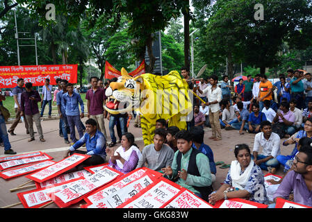 Dhaka, Bangladesch. 20. August 2016. Bangladeshi Demonstranten halten Plakate und ein Tiger-Bildnis während einer Protestaktion fordern die Abschaffung der vorgeschlagenen Rampal Kraftwerk wie sie bei der zentralen Shaheed Minar in Dhaka, Bangladesch sammeln. Am 20. August 2016. Umweltschützer haben protestieren gegen das Kraftwerk, das vorgeschlagen wurde gemeinsam von Bangladesch und Indien gebaut werden weil es Nähe zu der Sundarbans-Region ist Heimat der weltweit einzige Bevölkerung von Mangroven Wald Tiger. Plakate in Bangla lesen, "Stop Rampal Project". Bildnachweis: Mamunur Rashid/Alamy Live-Nachrichten Stockfoto