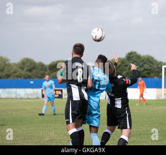 Brentwood Essex, 20. August 2016, Jack Carilile von Tilbury FC (Mitte links) und Lamar Reynolds von Brentwood FC (Mitte) und Conor Mead von Tilbury FC Kampf um Besitz während der Emirate FA Cup erste Runde match bei Brentwood Credit: Ian Davidson/Alamy Live News Stockfoto