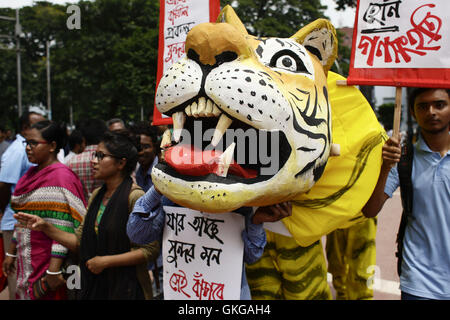 Dhaka, Bangladesch. 20. August 2016. Bangladeshi Demonstranten halten Plakate und ein Tiger-Bildnis während einer Protestaktion fordern die Abschaffung des vorgeschlagenen Rampal Kraftwerks nahe dem Shaheed Minar Denkmal in Dhaka, Bangladesch, 20. August 2016 sammeln. Die Aktivisten-Plattform angekündigt das Programm an einem Sitzstreik auf der zentralen Shaheed Minar am Samstag aus Protest gegen das Werk, behauptet, dass es die Sundarbans Schaden wird. Bildnachweis: ZUMA Press, Inc./Alamy Live-Nachrichten Stockfoto