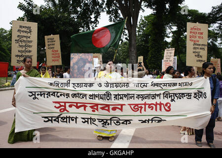 Dhaka, Bangladesch. 20. August 2016. Bangladesch-Aktivisten Protest fordern die Abschaffung des vorgeschlagenen Rampal Kraftwerks nahe dem Shaheed Minar Denkmal in Dhaka, Bangladesch, 20. August 2016 sammeln. Die Aktivisten-Plattform angekündigt das Programm an einem Sitzstreik auf der zentralen Shaheed Minar am Samstag aus Protest gegen das Werk, behauptet, dass es die Sundarbans Schaden wird. Bildnachweis: ZUMA Press, Inc./Alamy Live-Nachrichten Stockfoto