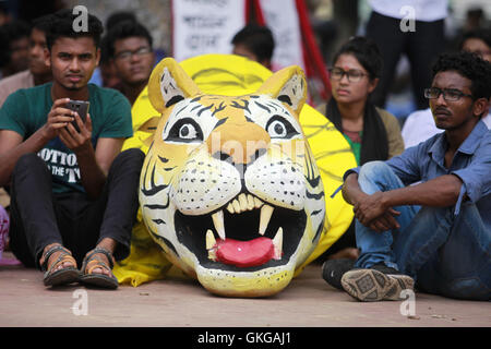 Dhaka, Bangladesch. 20. August 2016. Bangladeshi Demonstranten halten Bildnis während einer Protestaktion fordern die Abschaffung des vorgeschlagenen Rampal Kraftwerks nahe dem Shaheed Minar Denkmal in Dhaka, Bangladesch, 20. August 2016 sammeln. Die Aktivisten-Plattform angekündigt das Programm an einem Sitzstreik auf der zentralen Shaheed Minar am Samstag aus Protest gegen das Werk, behauptet, dass es die Sundarbans Schaden wird. Bildnachweis: ZUMA Press, Inc./Alamy Live-Nachrichten Stockfoto