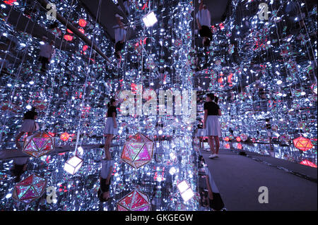 (160821)--Peking, 21. August 2016 (Xinhua)--eine Frau schätzt Lichtinstallationen während einer Medien-Vorschau des 9. Singapur Nacht Festivals in Singapur, 18. August 2016. (Xinhua/Then Chih Wey) Stockfoto