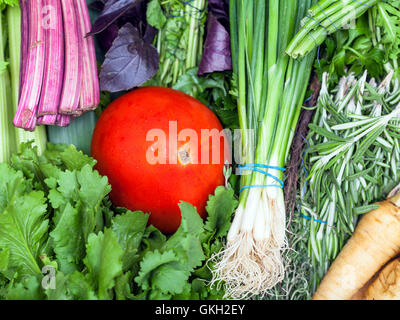 Essen-Hintergrund - Trauben frisch geschnittenen grün und rote Tomate Stockfoto