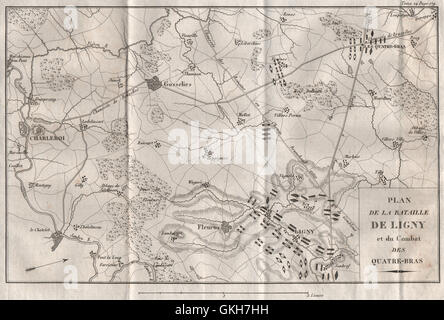 WATERLOO KAMPAGNE 1815. Schlachten von Ligny & Quatre Bras. Charleroi, 1821-Karte Stockfoto