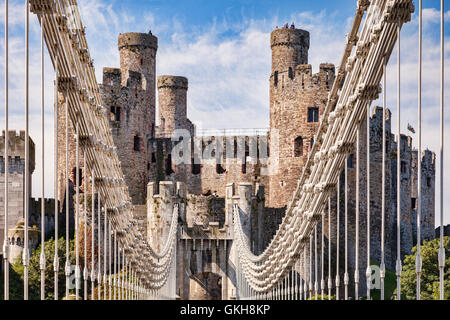 Conwy Castle und Thomas Telford der berühmten Hängebrücke, Conwy, Wales, UK Stockfoto