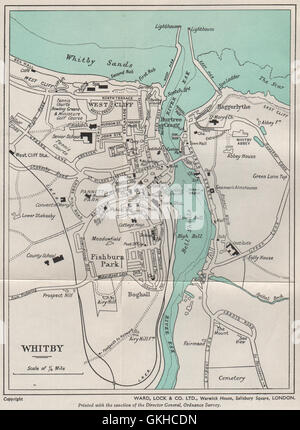 WHITBY Vintage Stadt Plan. Yorkshire. WARD LOCK, 1940 Vintage Karte Stockfoto