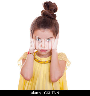 See No Evil, Hear No Evil, sagen Sie nichts, Porträt von schönen Mädchen, Studio auf weißem Hintergrund Stockfoto