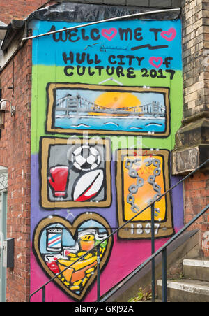 Graffiti, Willkommen in Hull, Stadt der Kultur 2017, Kingston upon Hull, Yorkshire, England, Großbritannien Stockfoto