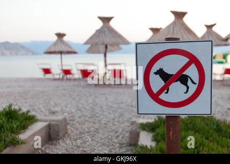 Keinen Eintrag. Zeichen der Ankündigung des Verbots der Hunde am Strand. (Flacher dof) Fokus auf Marke verschwommenen Hintergrund. Stockfoto