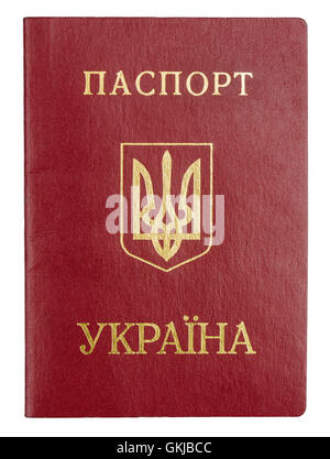 Alte rote Ukraine International Passport isoliert auf weiss Stockfoto