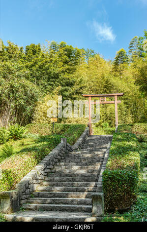 Torii-Tor am Bambusgarten im Botanischen Garten von Villa Carlotta, Tremezzina, Comer See, Lombardei, Italien Stockfoto