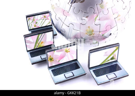 Vier Mini-Laptops weltweit ein Chrom Puzzle, mit rosa Blume Reflexion Stockfoto