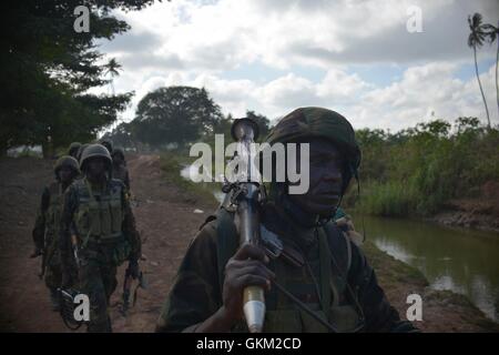 Vormarsch der Truppen zu Fuß in Richtung der Stadt Janaale am 14. Februar. Ugandische Truppen advanced als Teil der Mission der Afrikanischen Union in Somalia (AMISOM), mit Truppen aus der somalischen Armee (SNA) auf drei Städte in der Region der unteren Shabelle von Somalia in einer Operation mit dem Codenamen "Boot auf dem Boden" am 14. Februar. Alle drei Städte, Janaale, Aw Dheegle und Barrire, fiel auf die Alliierten mit wenig Widerstand von der Terrorgruppe Al Shabab. AU UN IST FOTO / TOBIN JONES Stockfoto