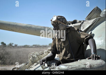 Ein Fahrer eines Panzers bekommt aus seinem Wagen bei einem routinemäßigen Stopp durch den Konvoi auf dem Weg an die Front in Somalia am 13. Februar. Ugandische Truppen advanced als Teil der Mission der Afrikanischen Union in Somalia (AMISOM), mit Truppen aus der somalischen Armee (SNA) auf drei Städte in der Region der unteren Shabelle von Somalia in einer Operation mit dem Codenamen "Boot auf dem Boden" am 14. Februar. Alle drei Städte, Janaale, Aw Dheegle und Barrire, fiel auf die Alliierten mit wenig Widerstand von der Terrorgruppe Al Shabab. AU UN IST FOTO / TOBIN JONES Stockfoto