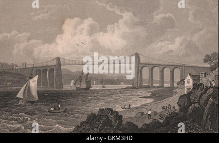 Menai Bridge seitlich Anglesey, Wales, durch Henry Gastineau, alte print 1835 Stockfoto