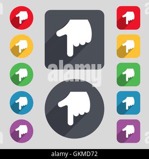 zeigenden Hand Symbol Zeichen. Ein Satz von 12 farbige Tasten und einen langen Schatten. Flaches Design. Vektor Stock Vektor