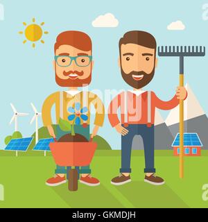 Zwei Männer mit Schubkarren und Rechen. Stock Vektor