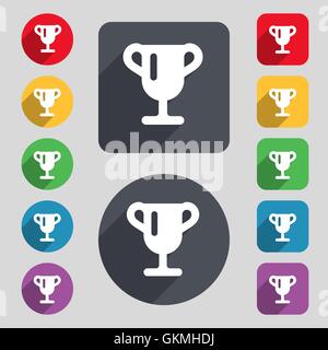 Pokalsieger, Vergabe der Gewinner, Trophy Symbol Zeichen. Ein Satz von 12 farbige Tasten und einen langen Schatten. Flaches Design. Vektor Stock Vektor
