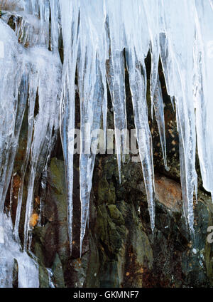 Eiszapfen hängen von einem Felsvorsprung, Snowdonia, North Wales, UK Stockfoto