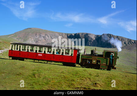 Ein kohlebefeuerten Dampflokomotive und Beförderung der Snowdon Mountain Railway absteigend. Snowdonia-Nationalpark, North Wales, UK Stockfoto