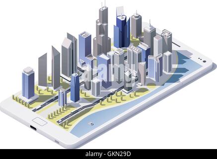 Vektor isometrische Stadt auf dem Bildschirm des Smartphones Stock Vektor